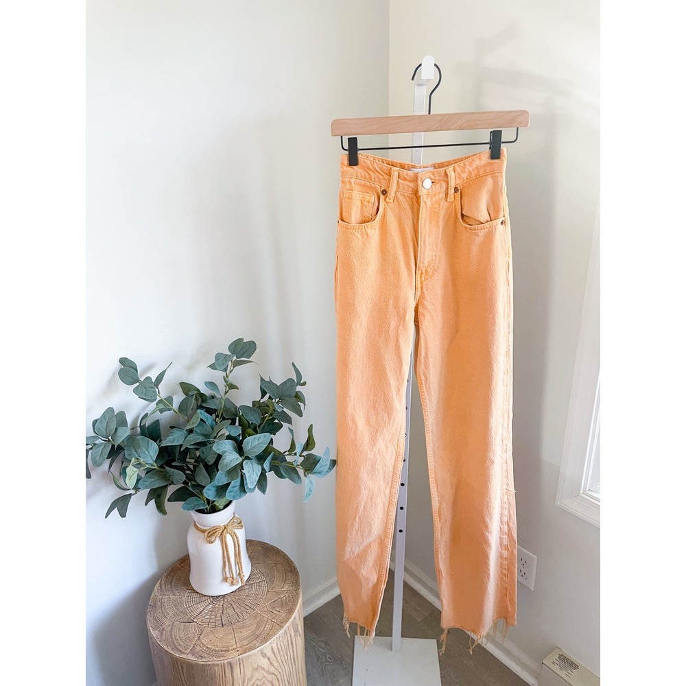 Zara High Rise Wide Leg Jeans Orange Size 2 Raw Hem Full Length - Picture 3 of 10